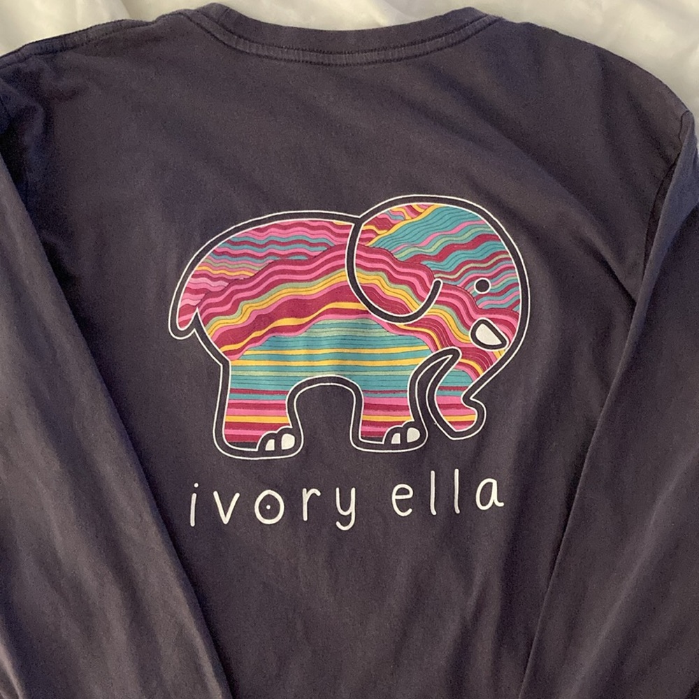 IVORY ELLA Long sleeve gray shirt with colorful Ivory Elephant Logo on back.